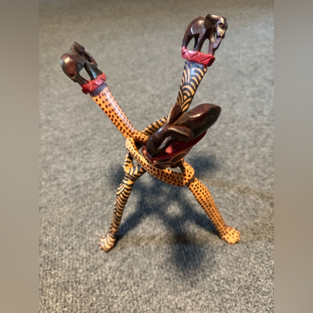 Hand Carved Interlocking Wooden Tripod Plant Stand Holder - Elephant